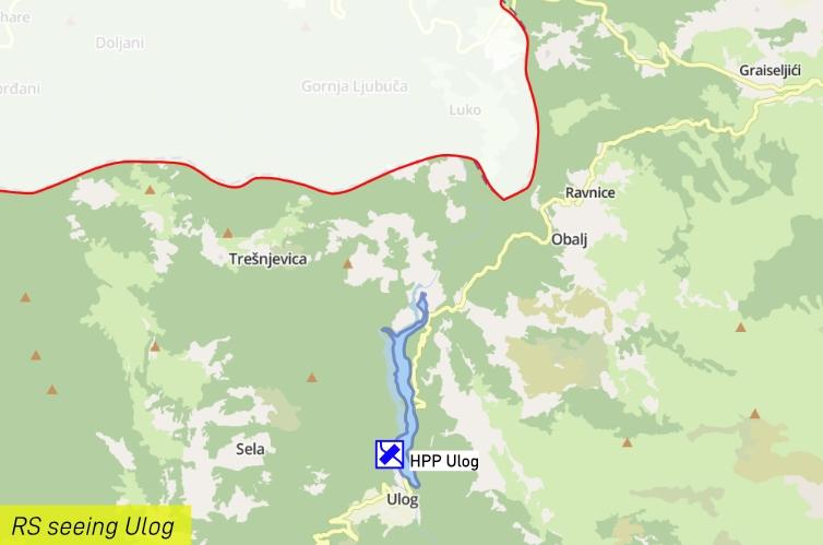 Map of HPP Ulog area indicating the FBiH entity in semi-transparent way and the IEBL line in red.