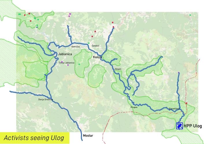 Map of Neretva river in its entire length with indication of HPPs, inhabited areas and tributaries extending beyond the base map.