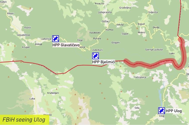 Map of Ulog HPP area showing the second planned HPP and the IEBL partially in thin and thick blurred red line.