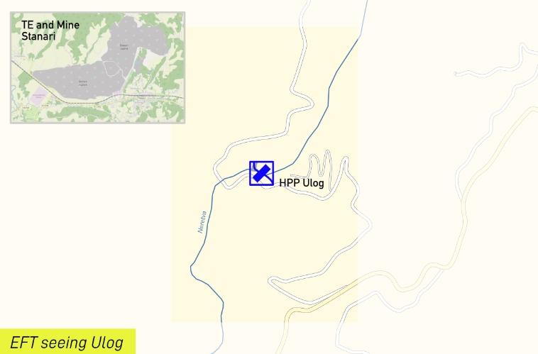 Map of Ulog HPP area in micro-scale of the environmental and construction permit area with an inset map showing thermal plant Stanari.