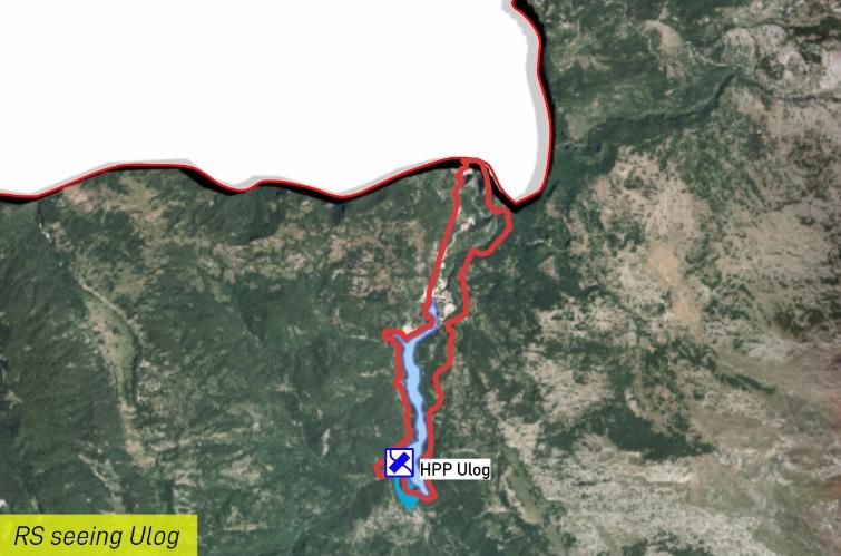 Map of Ulog HPP area with the base map quoted from the RS geoportal mapping platform which removes the FBiH area leaving it white.