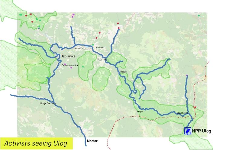 Map of the Neretva river in its entire length with indicated HPP Ulog, inhabited areas, and river tributaries extending beyond the base map.