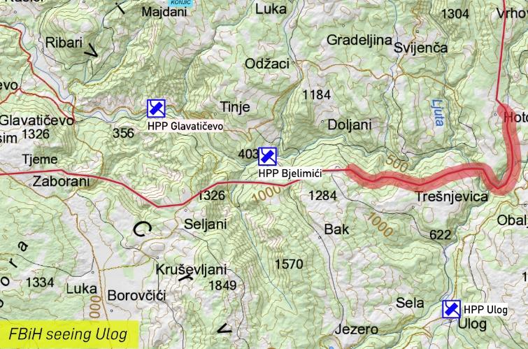 Map of Ulogg HPP area with a base map cut out from the FBiH geodetic department official map platform, and the IEBL indicated in blurred thick red line.